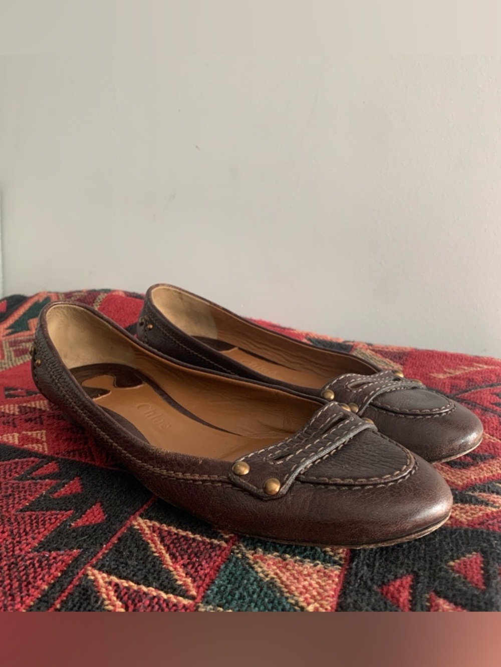 Chloe Leather Brown Flats with Gold Hardware